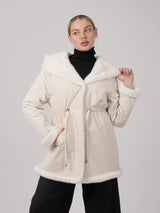 WarmCore™Faux Fur Lining Mid Length Rain Coat,Adjustable Waist Design