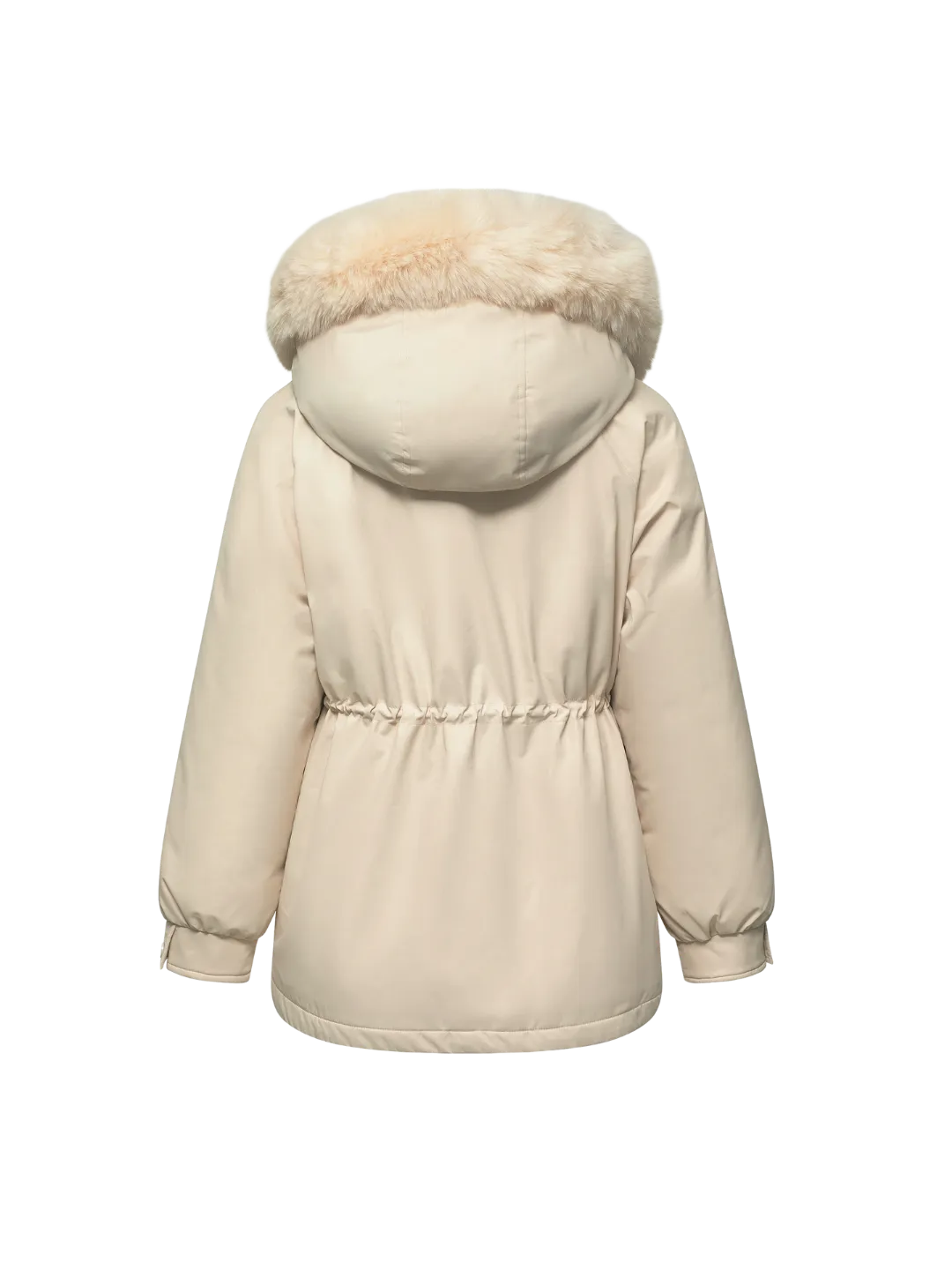 WarmCore™ Faux Fur Mid-Length Hooded Drawstring Parka With Adjustable Waist Belt Desig