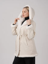 WarmCore™Faux Fur Lining Mid Length Rain Coat,Adjustable Waist Design