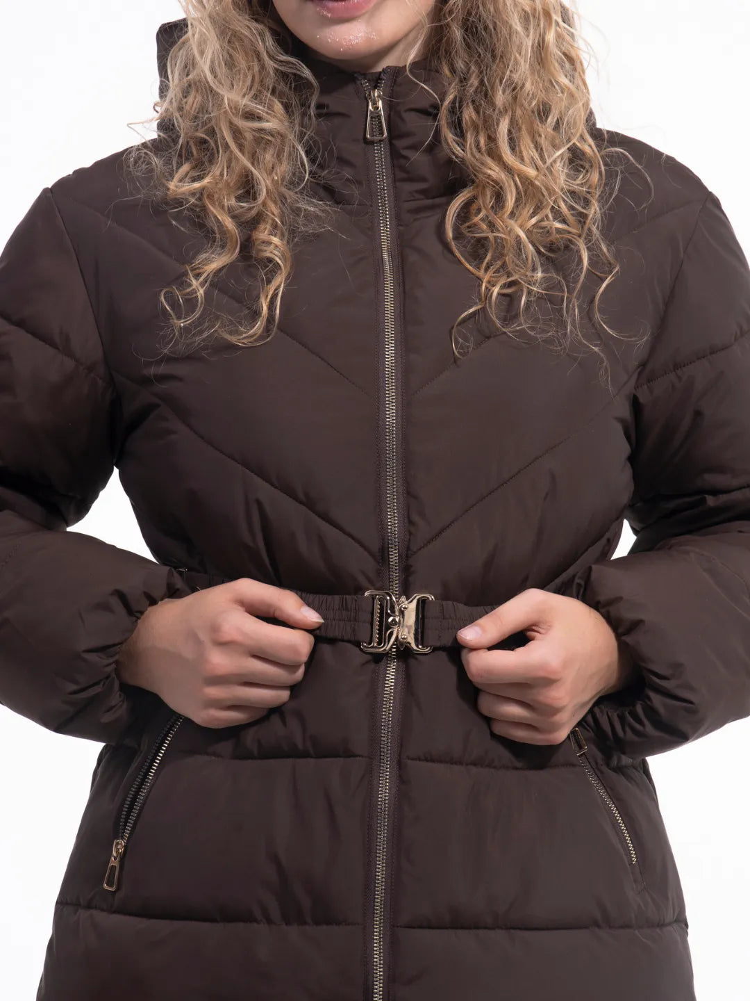 WarmCore™ Premium Hooded Waist-Cinched Puffer With Gold-tone Metal Belt