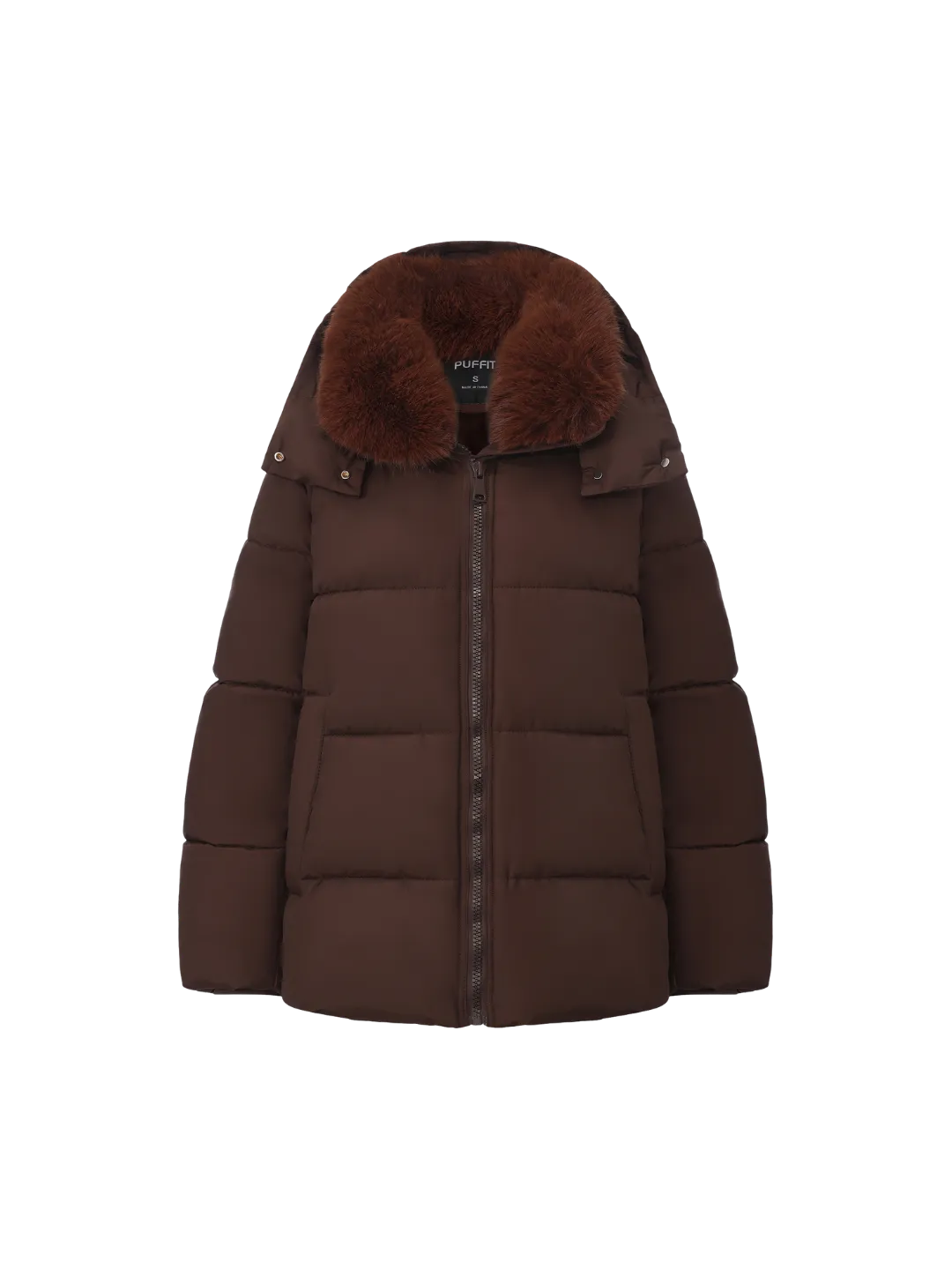 WarmCore™Faux Fur Collar Puffer With Detached Hood,Removable Faux Fur Collar