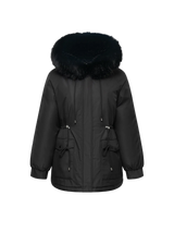 WarmCore™ Faux Fur Mid-Length Hooded Drawstring Parka With Adjustable Waist Belt Desig