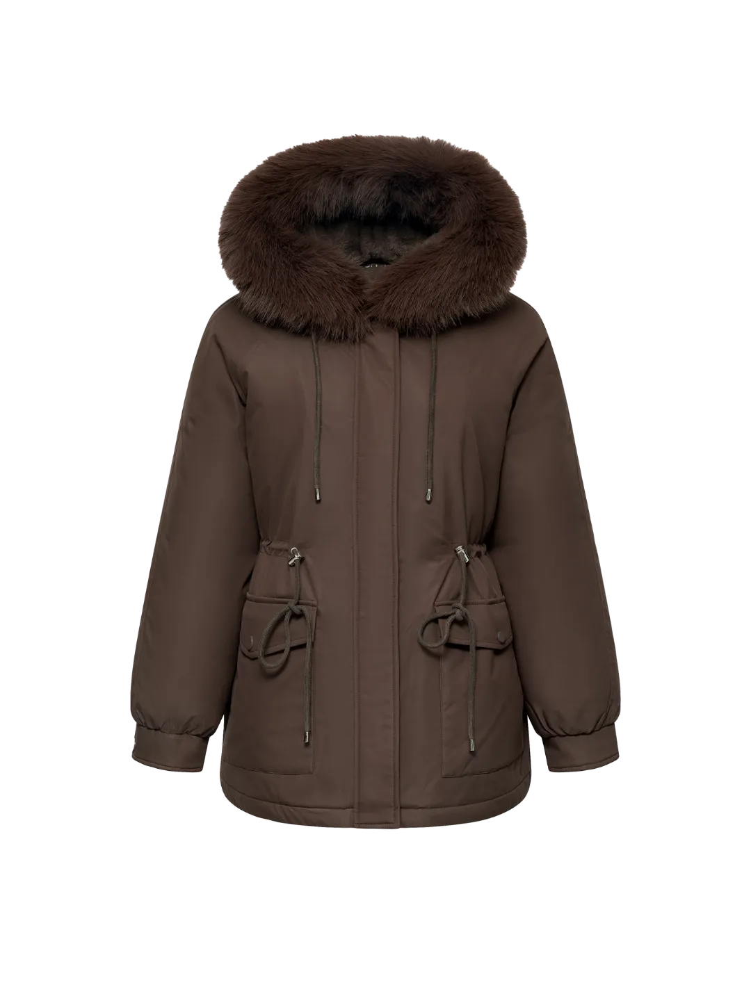 WarmCore™ Faux Fur Mid-Length Hooded Drawstring Parka With Adjustable Waist Belt Desig