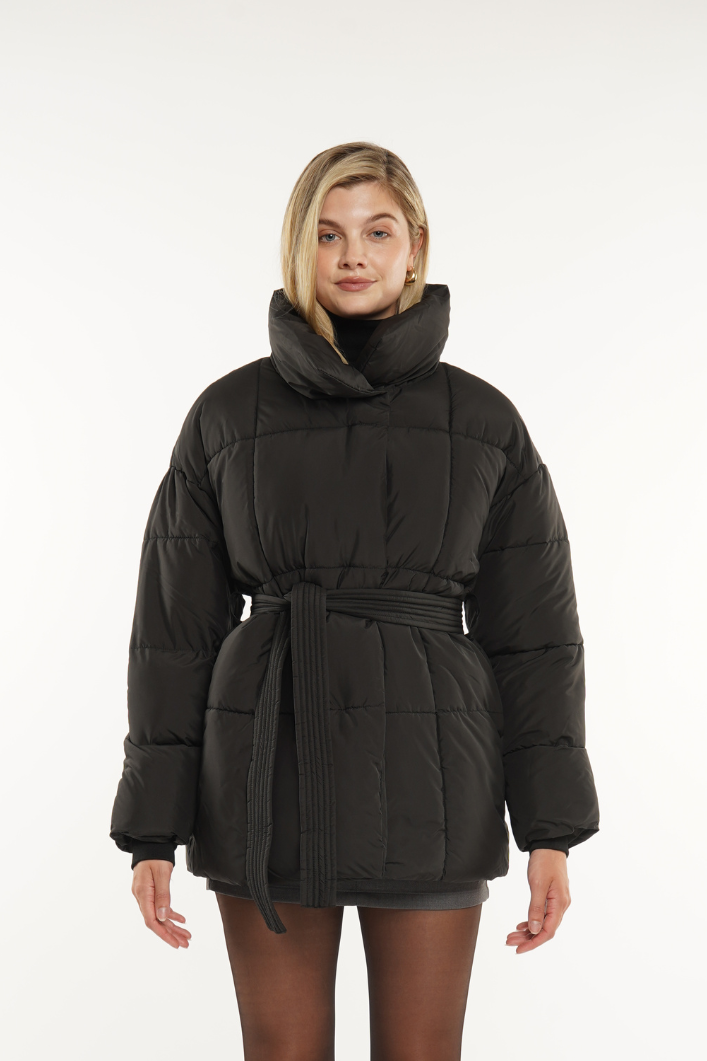 Belted puffer jacket black sales