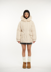 Faux Fur Mid-Length Hooded Drawstring ParkaSplashproof