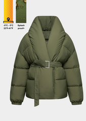 Mid Length Belted magnet button Puffer Jacket Splashproof