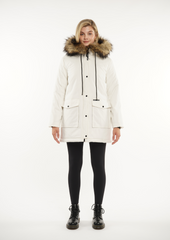 Faux Fur Mid-Length Hooded Parka With Large Pockets Splashproof