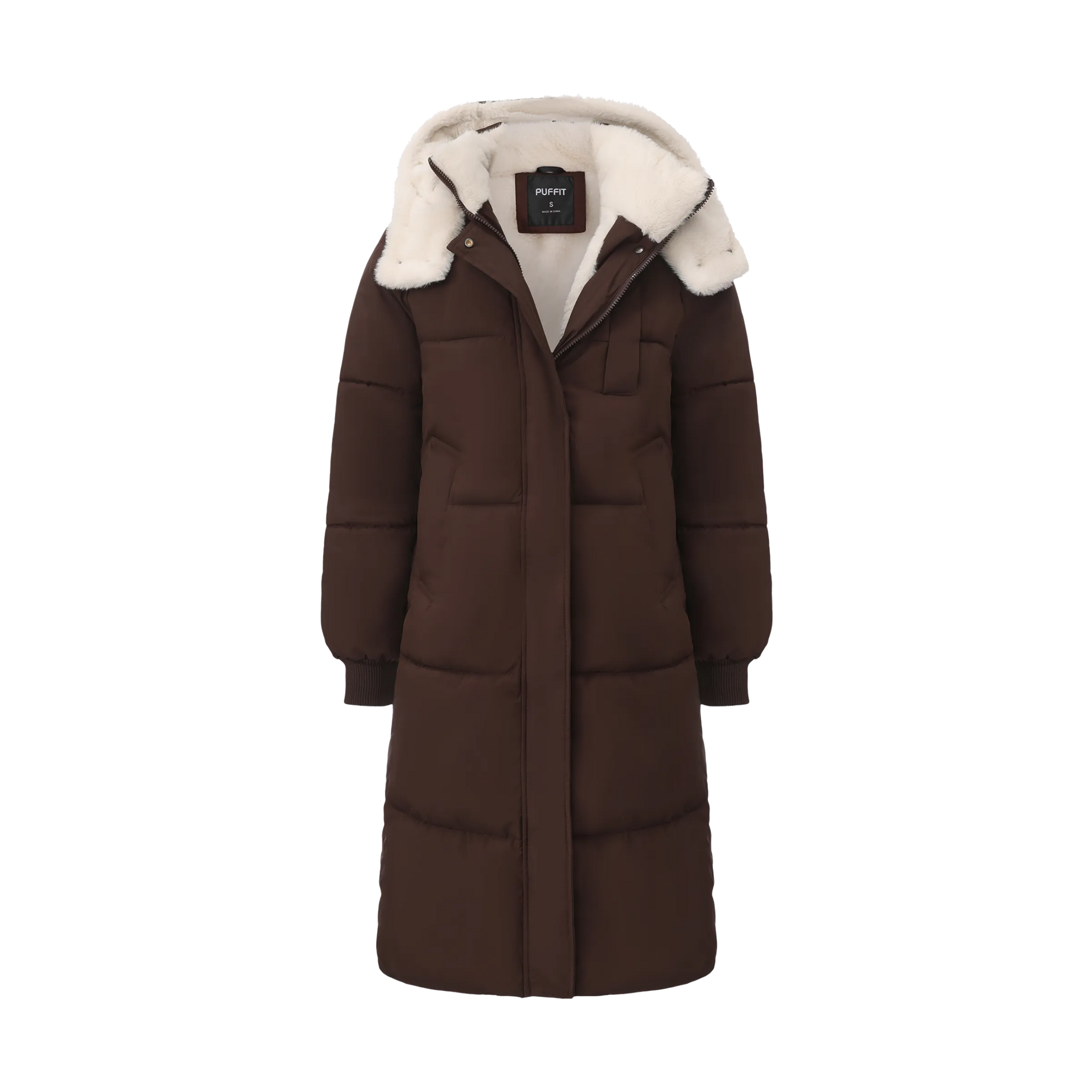 WarmCore™ Klassische lange Steppjacke mit Kapuze, gefüttert mit Kunstfell