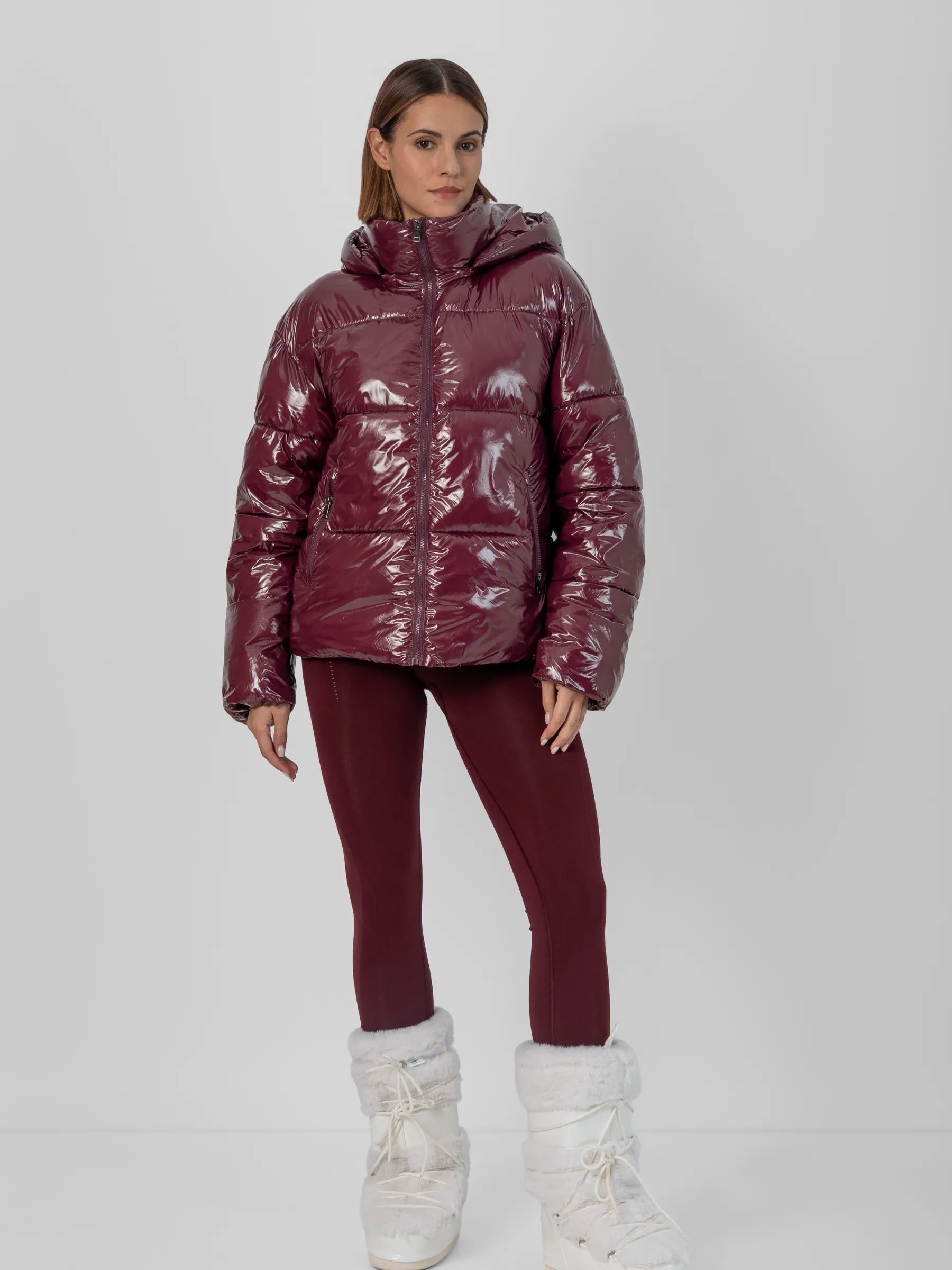 WarmCore™ Shiny Burgundy Detachable Hooded Puffer Jacket