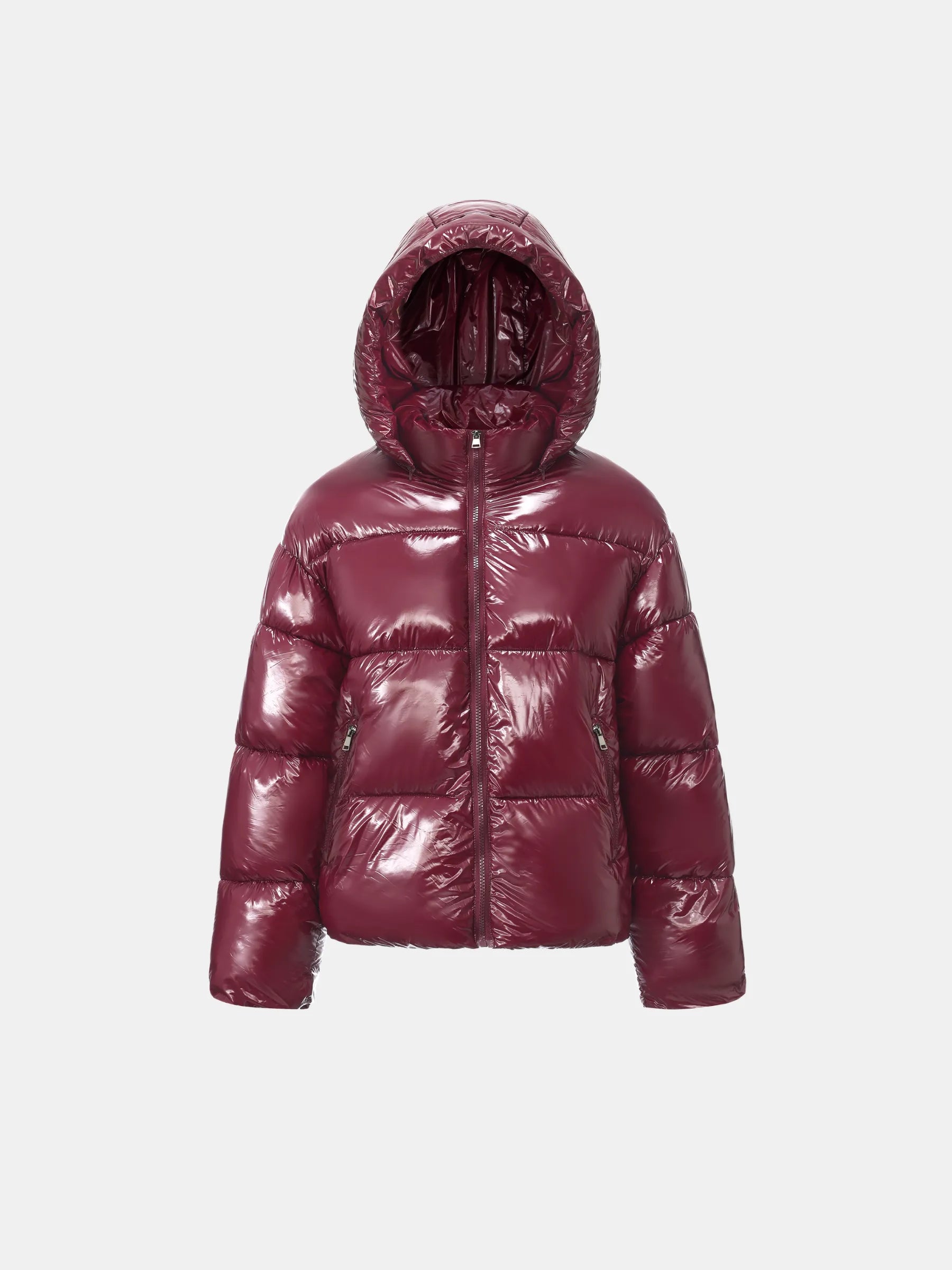 WarmCore™ Shiny Burgundy Detachable Hooded Puffer Jacket