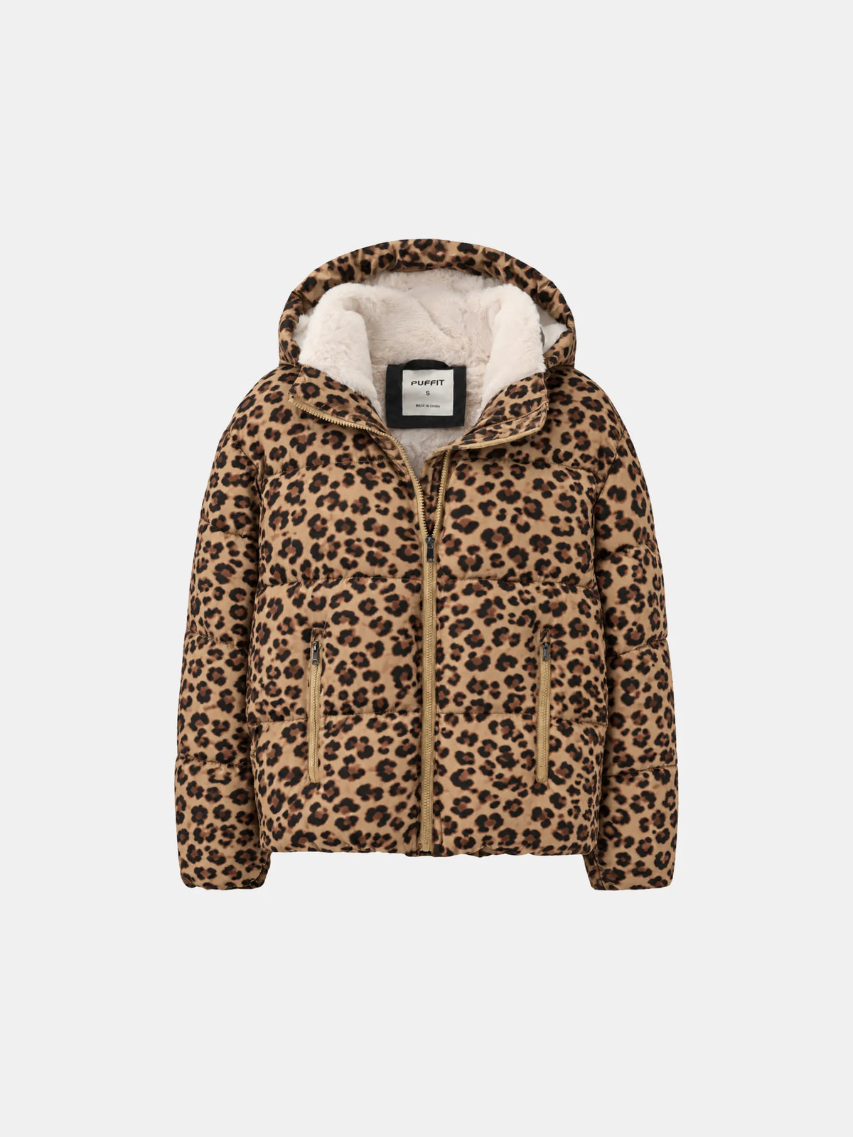 WarmCore™ Leopard Print Faux Fur Lined Detachable Hooded Short Puffer Jacket
