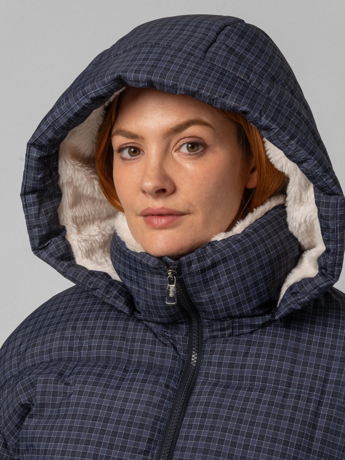 WarmCore™ Royal Blue Check Faux Fur Lined Detachable Hooded Short Puffer Jacket