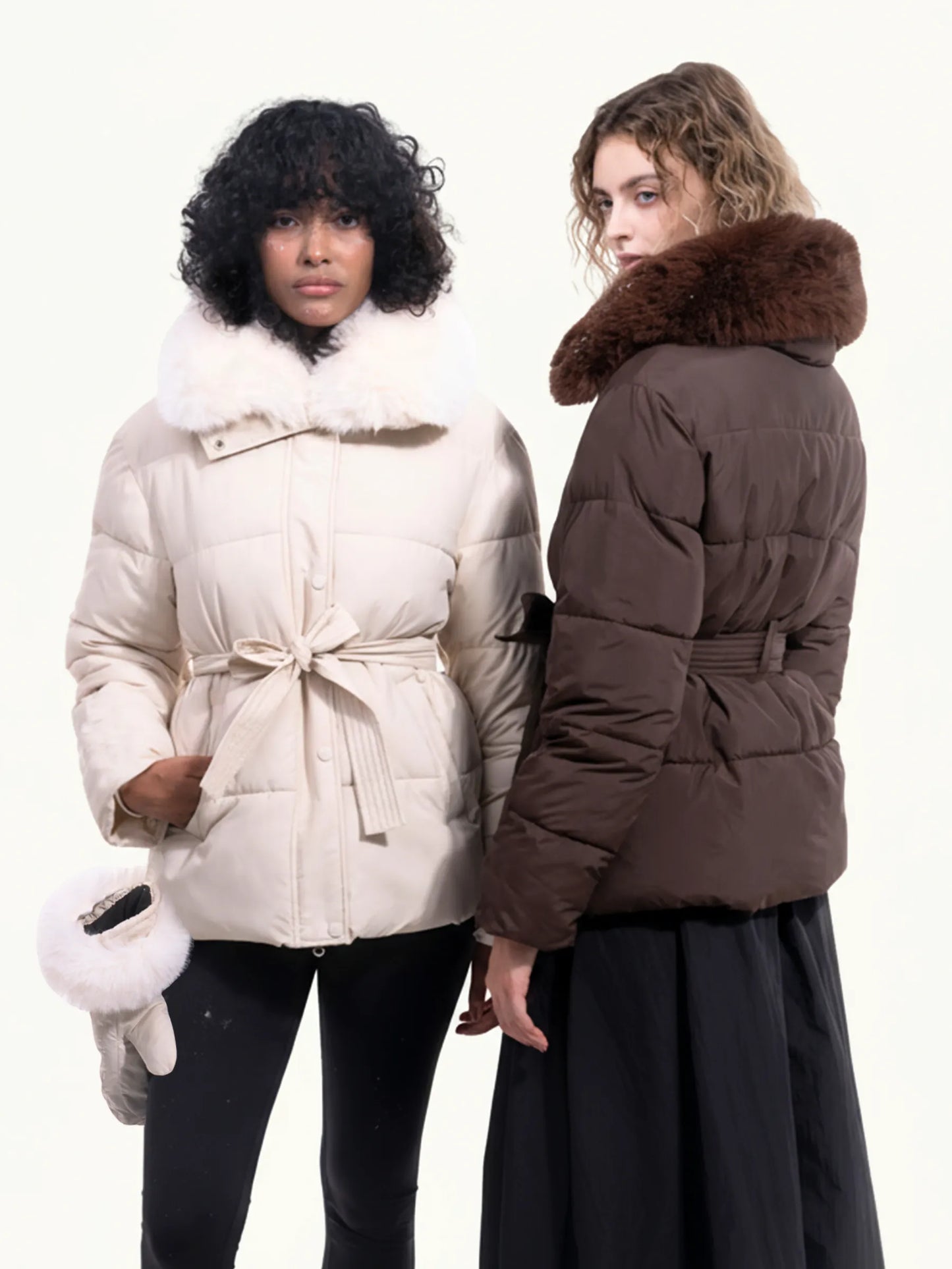 WarmCore™ Premium Elegant Detachable Faux Fur Collar Puffer With Belt
