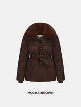 WarmCore™ Premium Elegant Detachable Faux Fur Collar Puffer With Belt