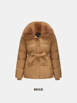 WarmCore™ Premium Elegant Detachable Faux Fur Collar Puffer With Belt