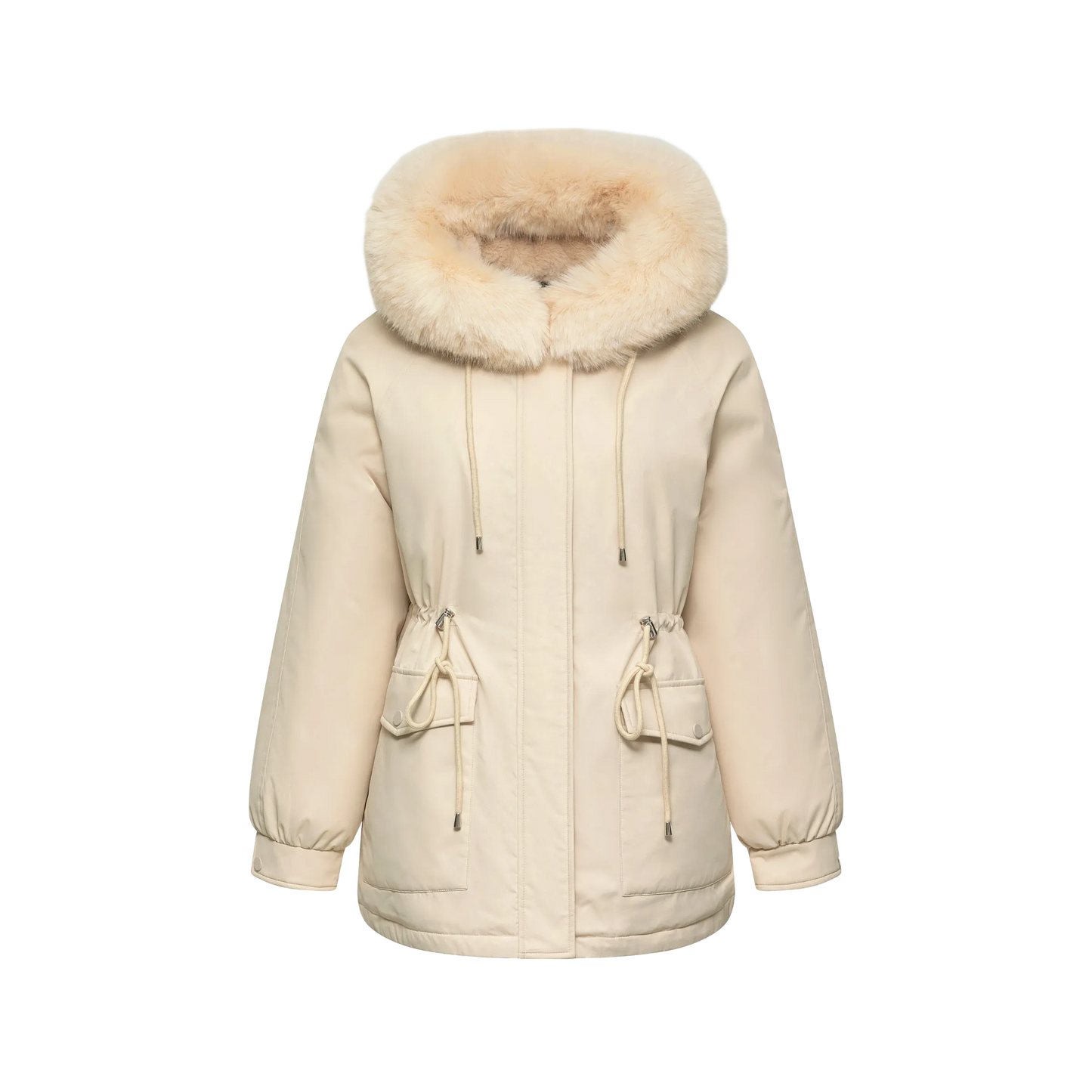 WarmCore™ Kunstpelz-Parka mit Kapuze, Kordelzug und verstellbarem Taillengürtel (mittellang)