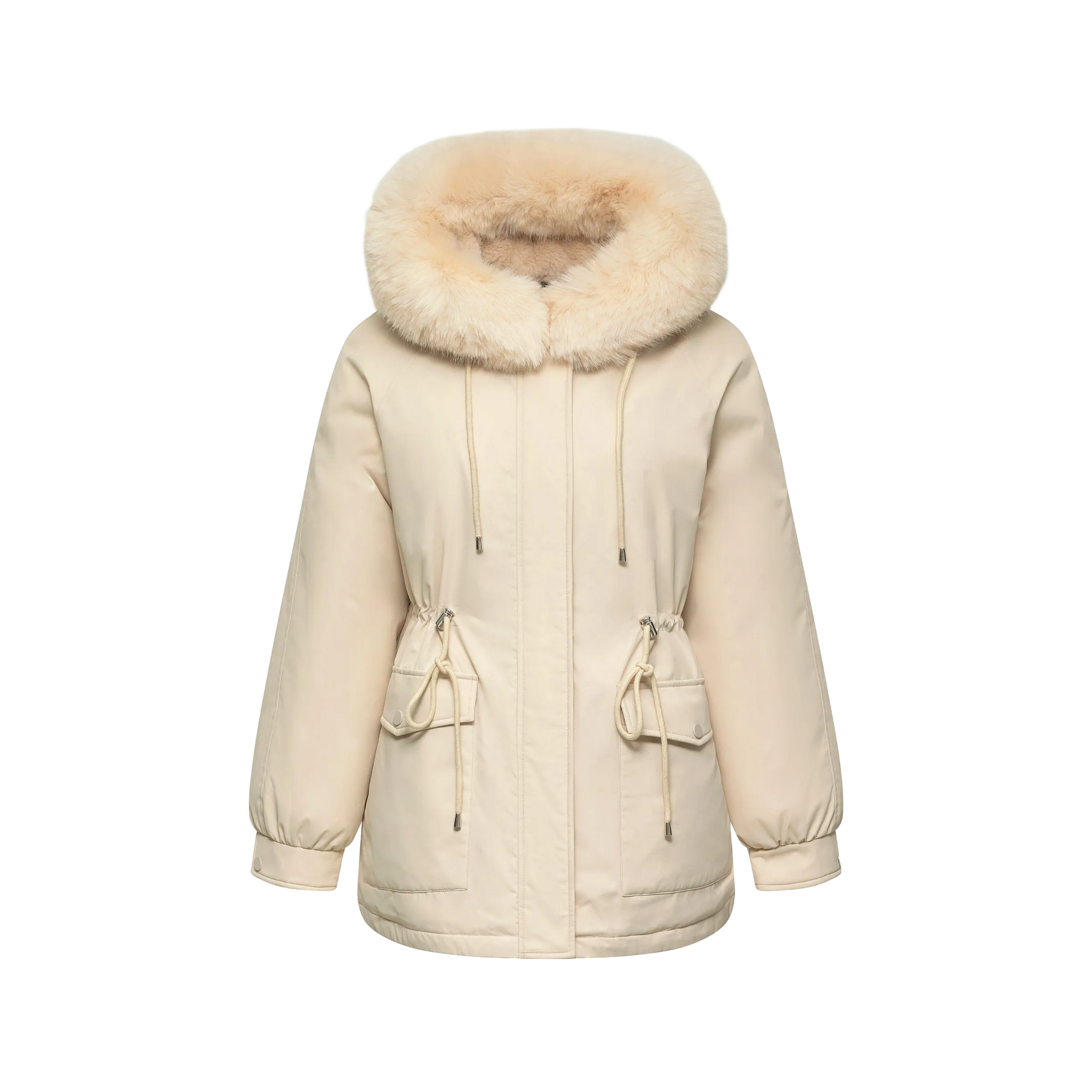 WarmCore™ Kunstpelz-Parka mit Kapuze, Kordelzug und verstellbarem Taillengürtel (mittellang)