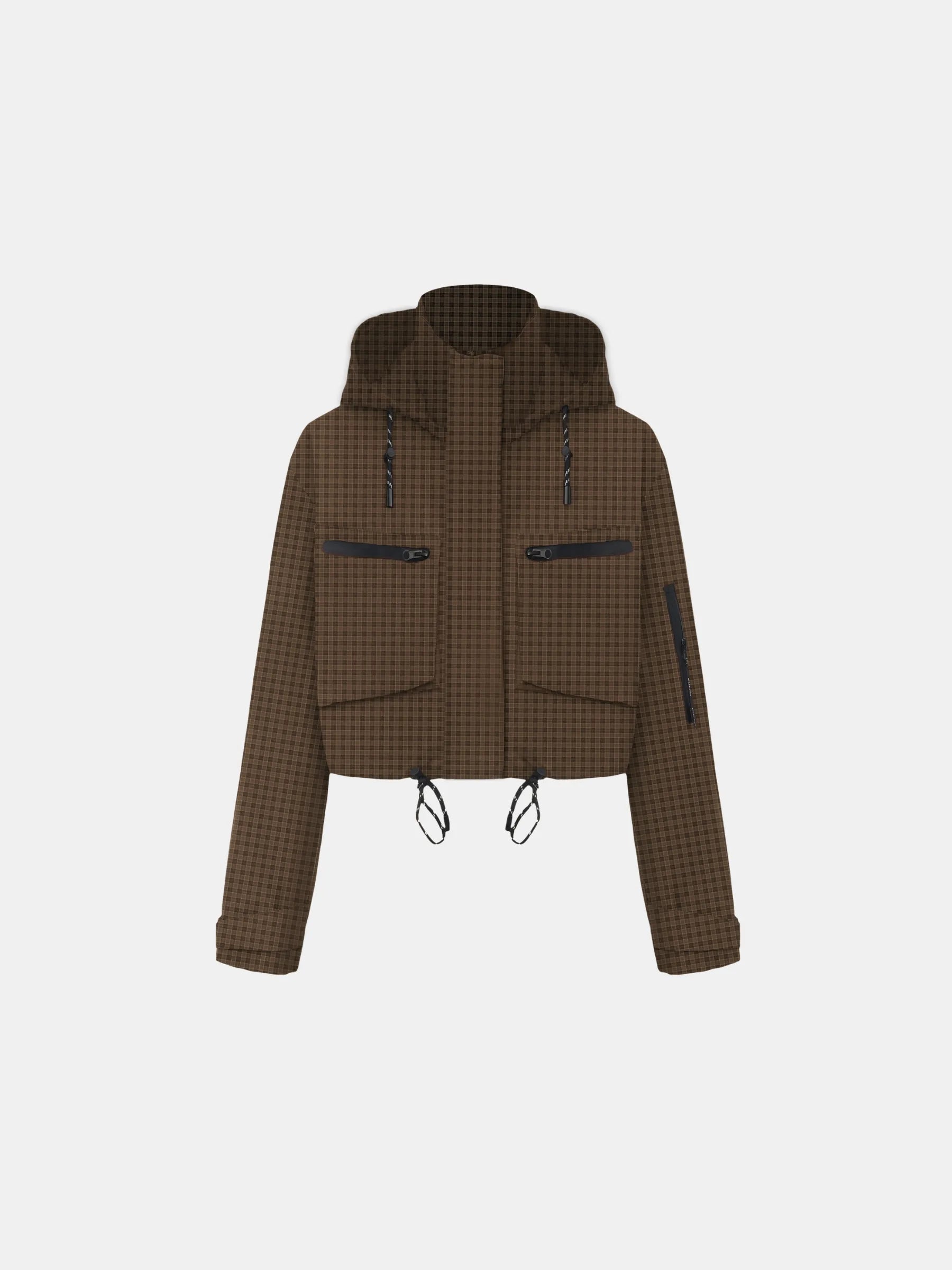 STM-TEX™ Brown Check Cropped Detached Hooded Rain Jacket