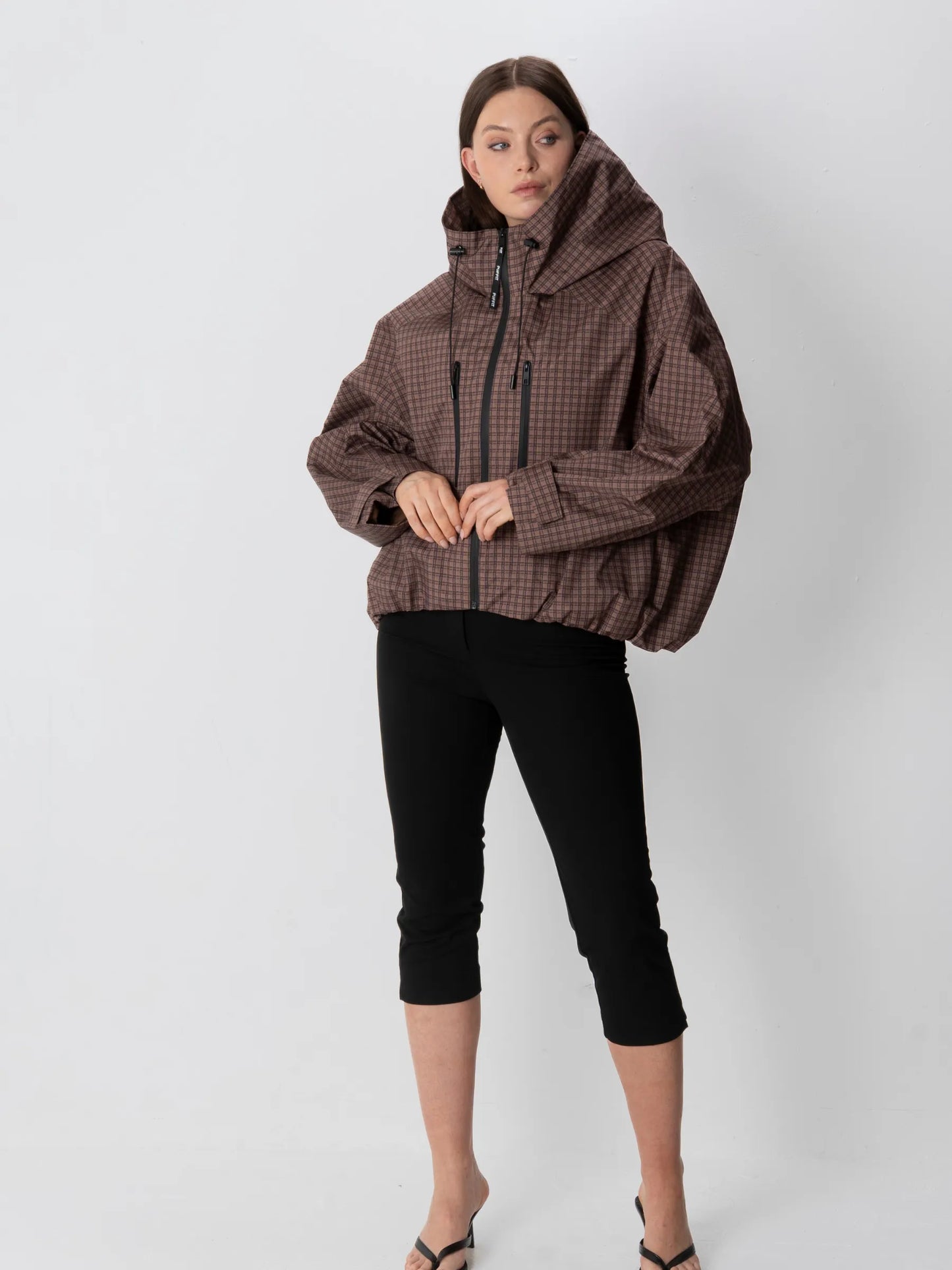 STM-TEX™ One Size Brown Check Short Oversized Rain Jacket