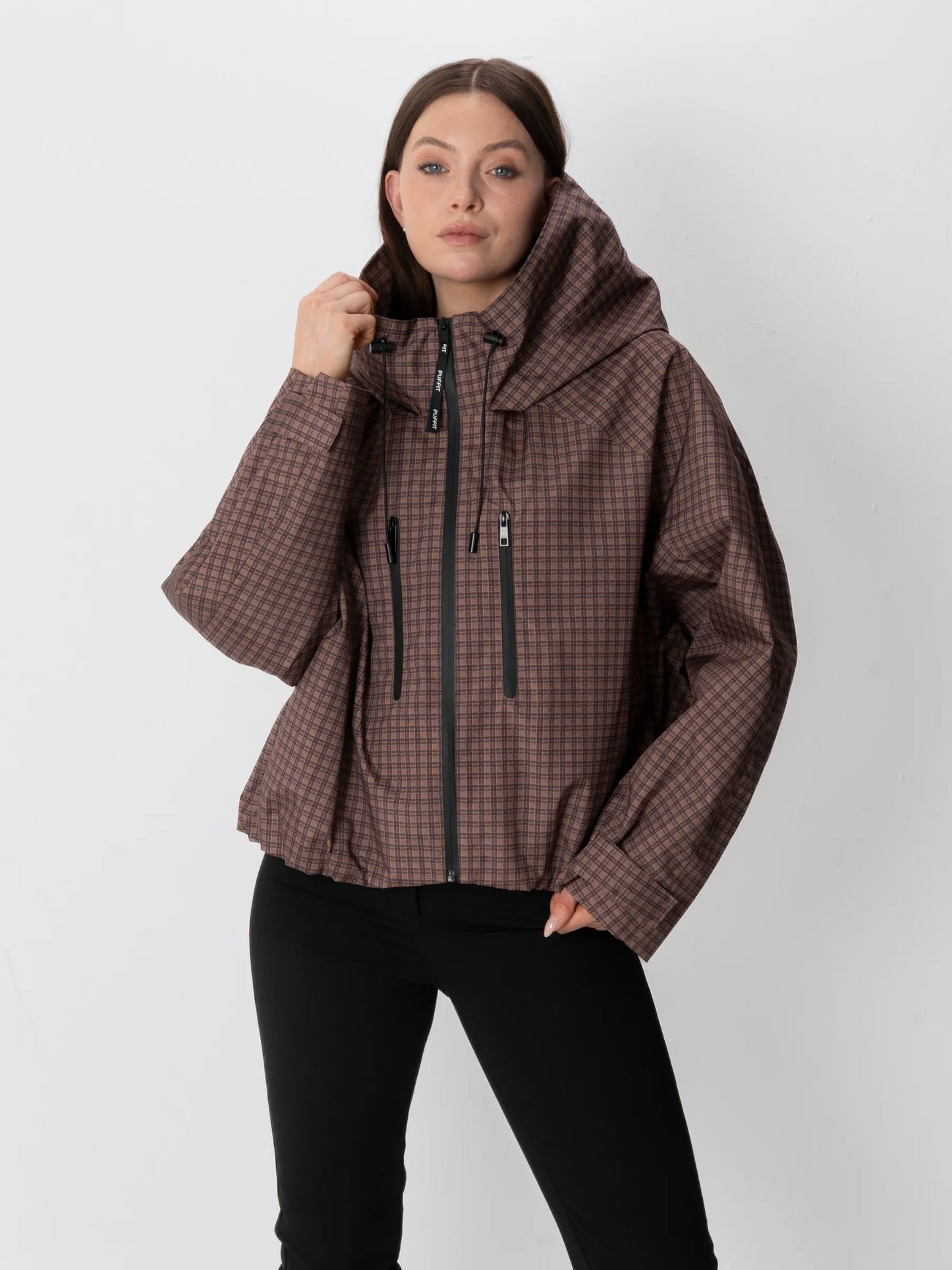 STM-TEX™ One Size Brown Check Short Oversized Rain Jacket
