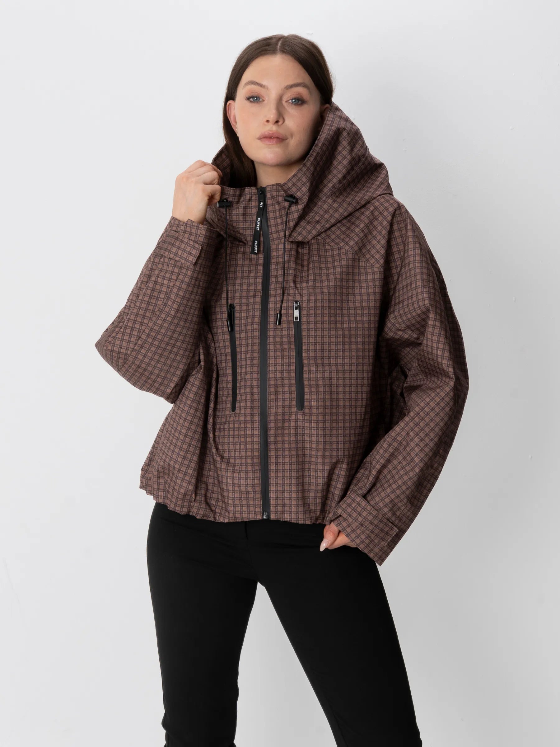 STM-TEX™ One Size Brown Check Short Oversized Rain Jacket