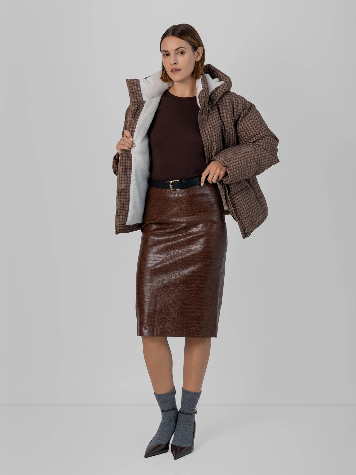 WarmCore™ Brown Check Faux Fur Lined Detachable Hooded Short Puffer Jacket