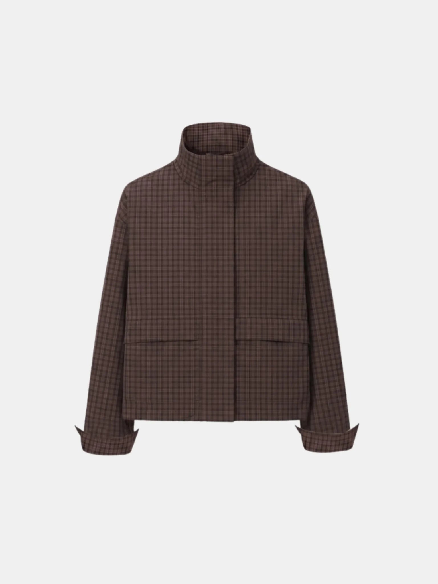 Effortless Style Brown Check Stand Collar Bomber Jacket - PUFFIT