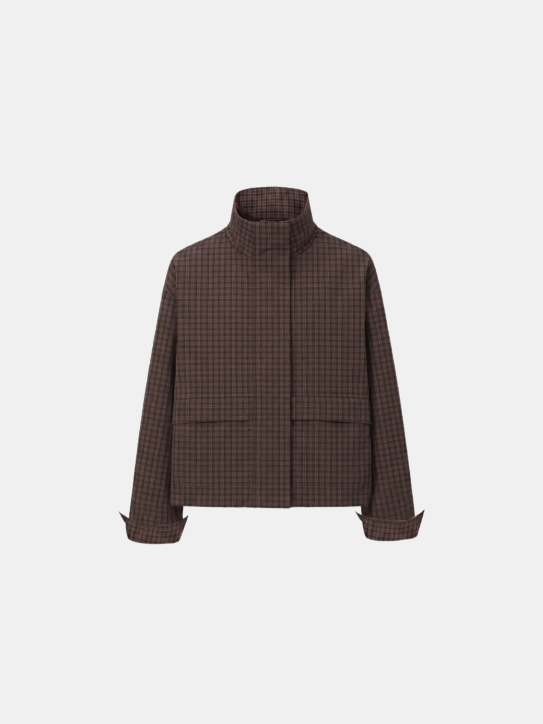 Effortless Style Brown Check Stand Collar Bomber Jacket - PUFFIT