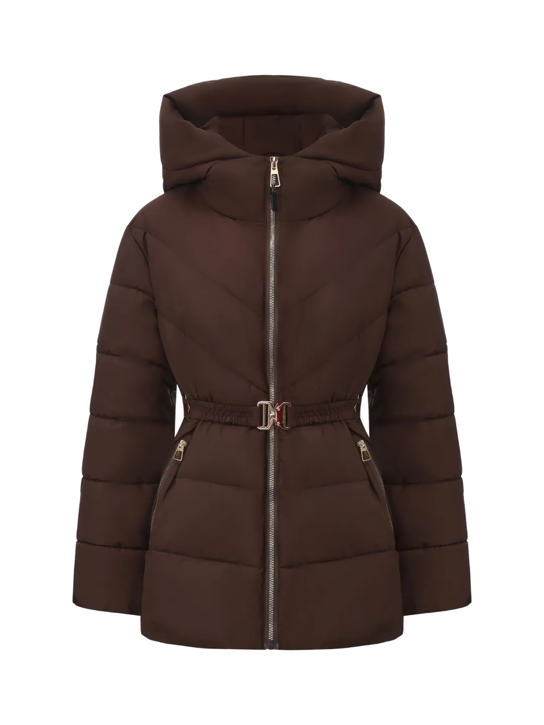 WarmCore™ Premium Kapuzen-Steppjacke mit Taillengürtel und goldfarbenem Metallgürtel
