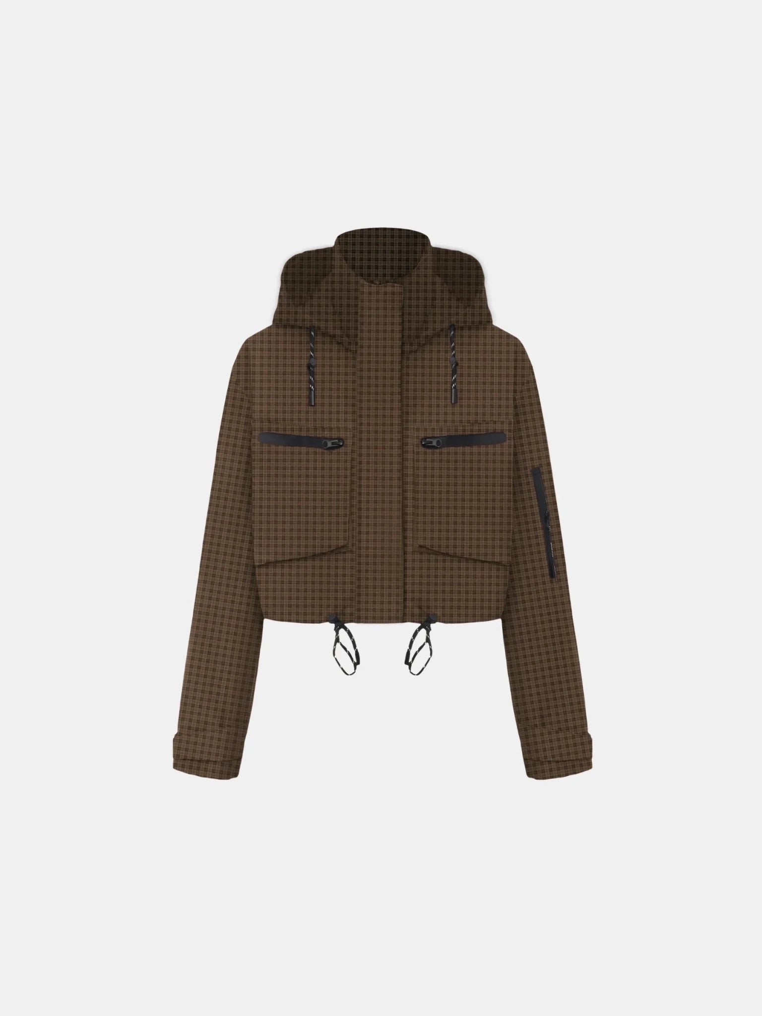 STM-TEX™ Brown Check Cropped Detached Hooded Rain Jacket - PUFFIT