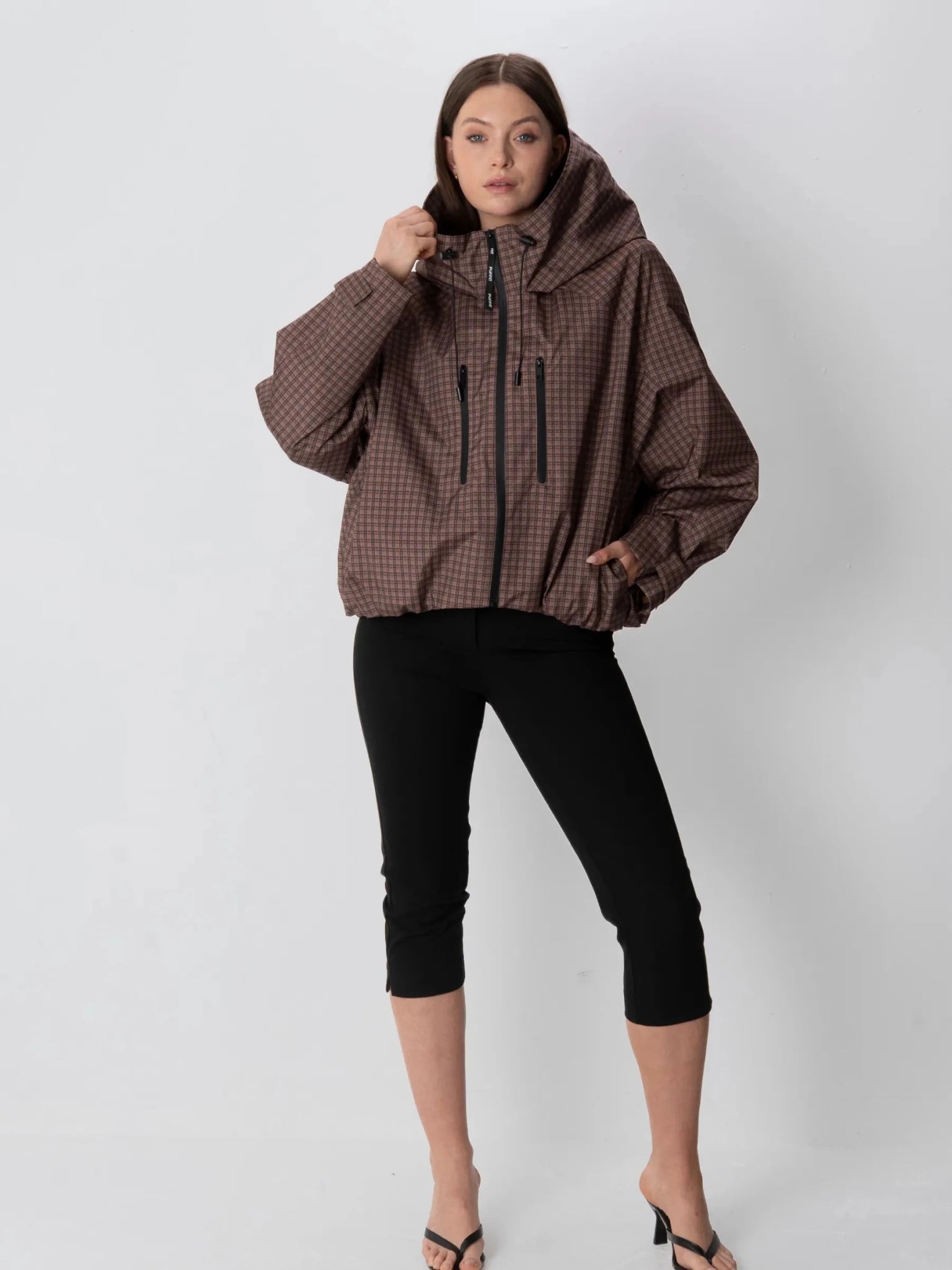 STM-TEX™ One Size Brown Check Short Oversized Rain Jacket - PUFFIT