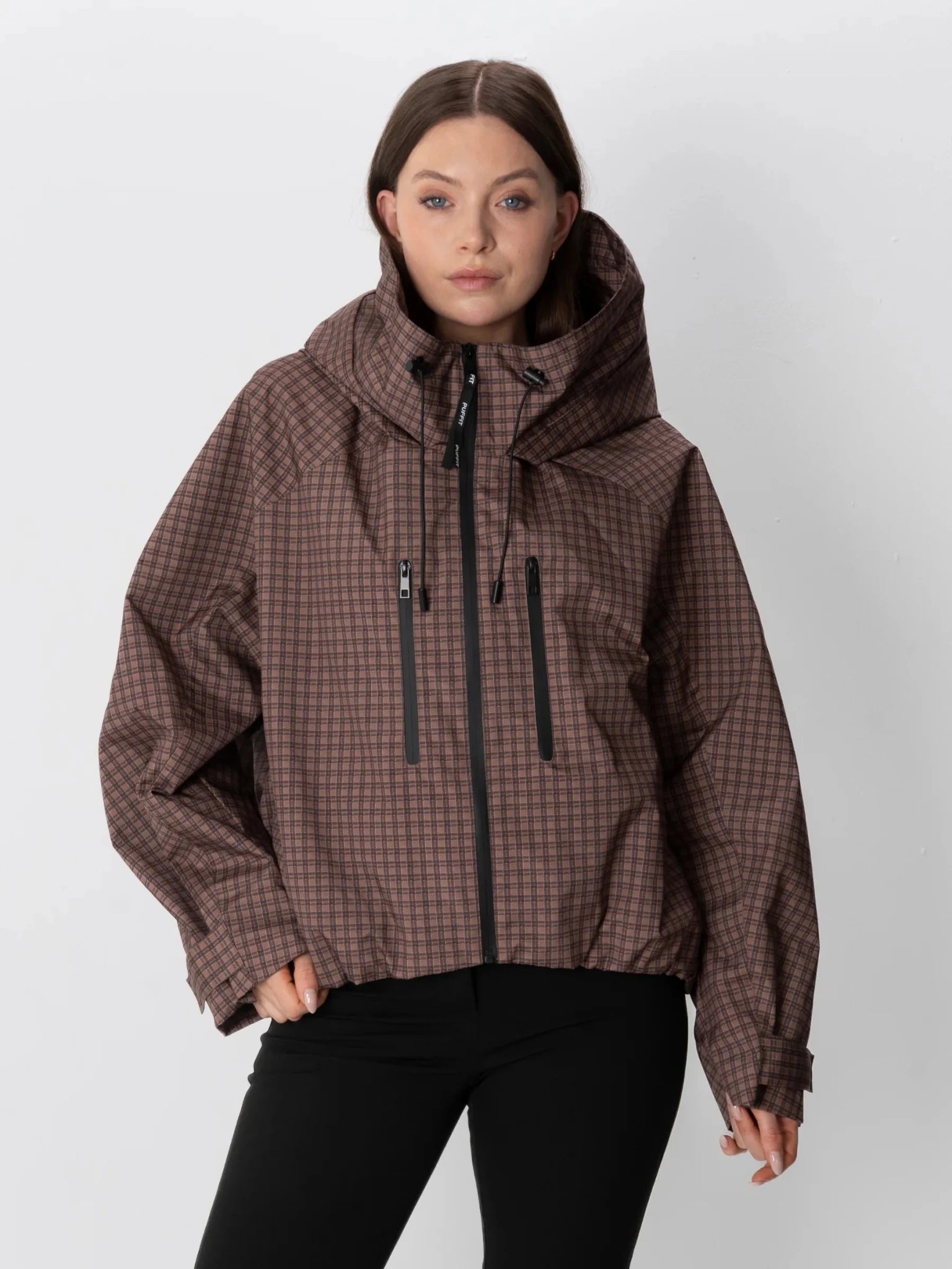 STM-TEX™ One Size Brown Check Short Oversized Rain Jacket - PUFFIT