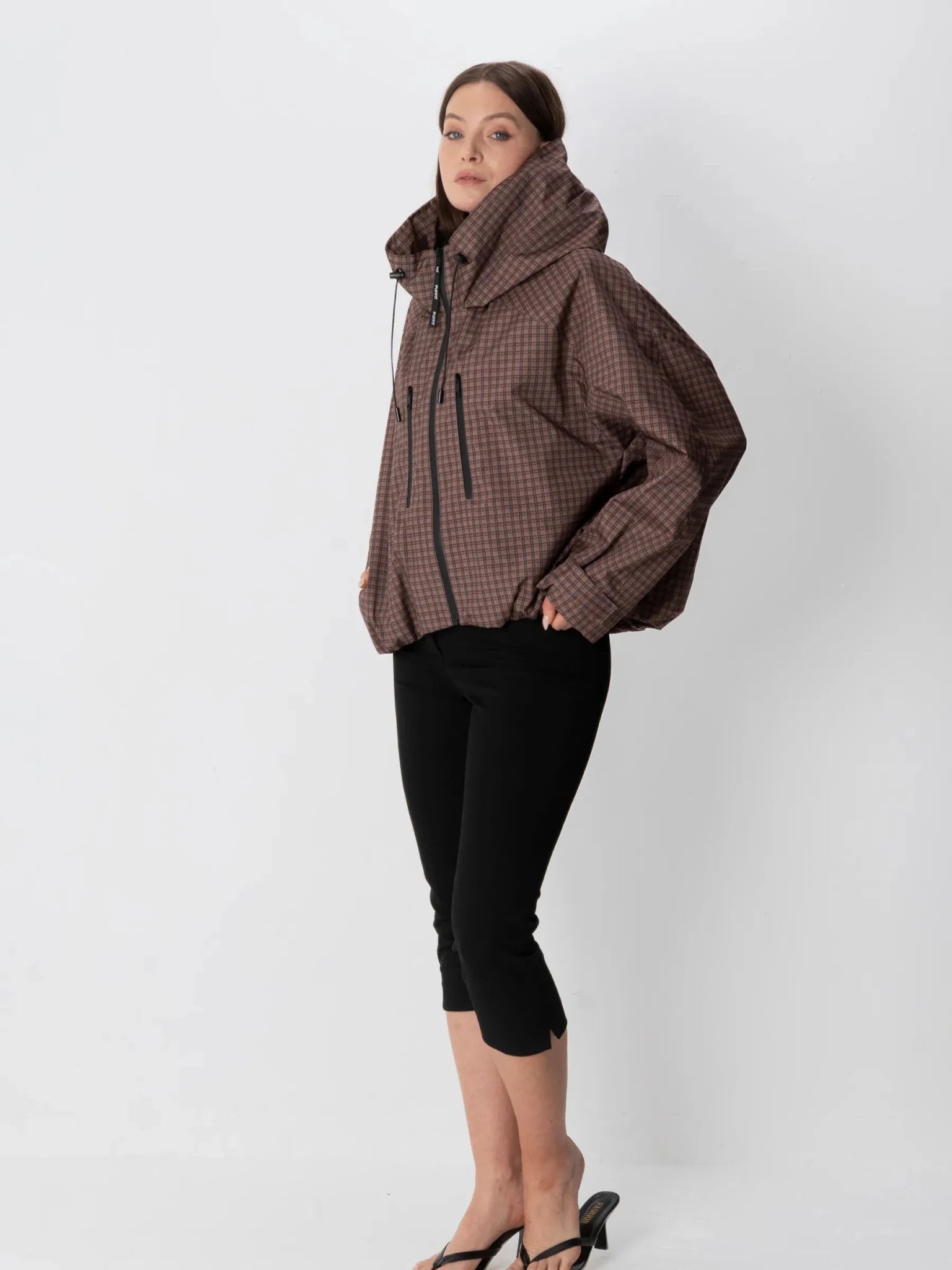 STM-TEX™ One Size Brown Check Short Oversized Rain Jacket - PUFFIT