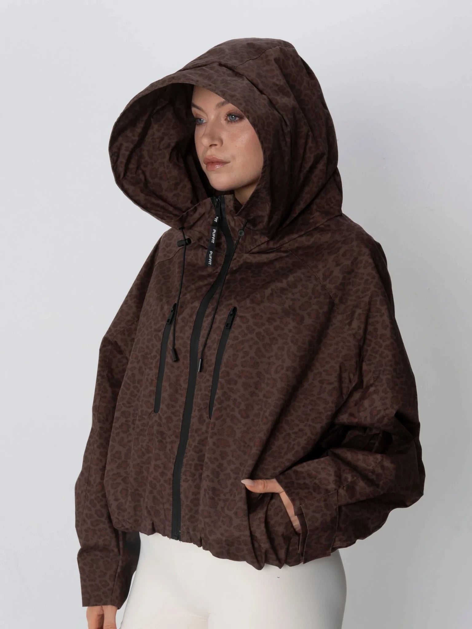 STM-TEX™ One Size Mocha Leopard Short Oversized Rain Jacket - PUFFIT