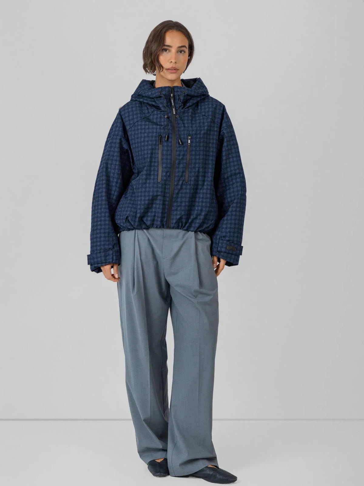 STM-TEX™ One Size Royal Blue Check Short Oversized Rain Jacket