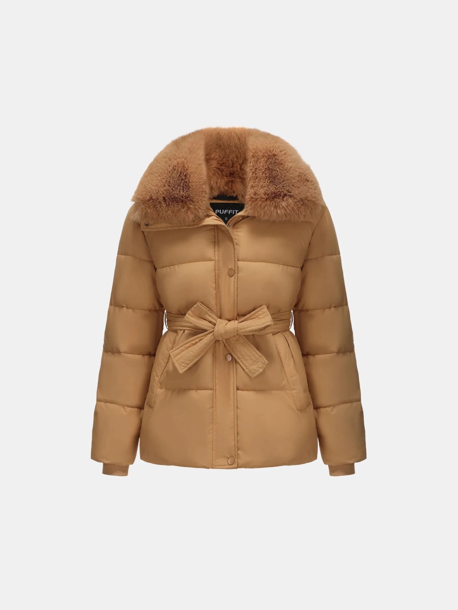 WarmCore™ Beige Elevated Detachable Faux Fur Collar Puffer With Belt - PUFFITC21