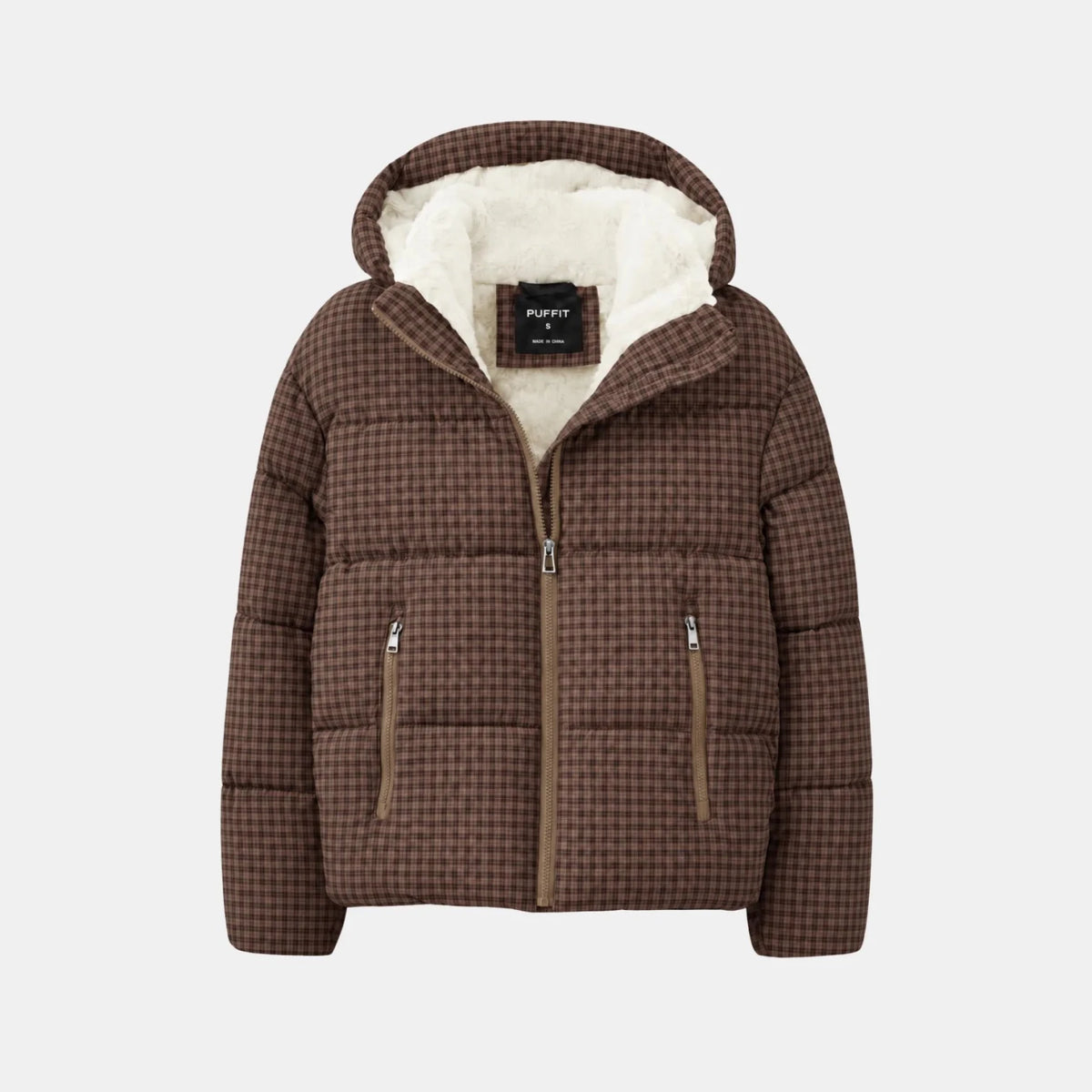 WarmCore Brown Check Puffer Jacket with Detachable Hood