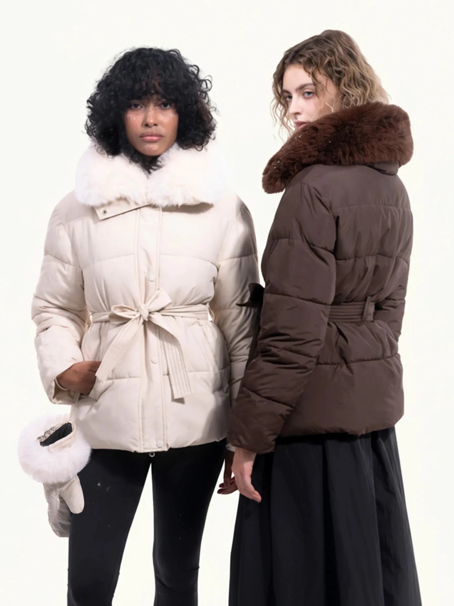 WarmCore™ Premium Elegant Detachable Faux Fur Collar Puffer With Belt - PUFFIT
