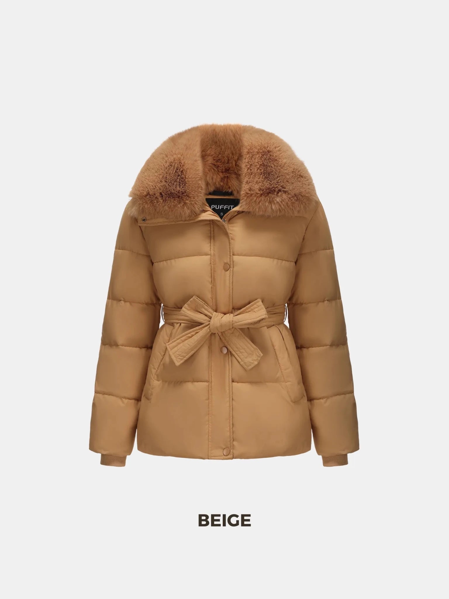 WarmCore™ Premium Elegant Detachable Faux Fur Collar Puffer With Belt - PUFFIT