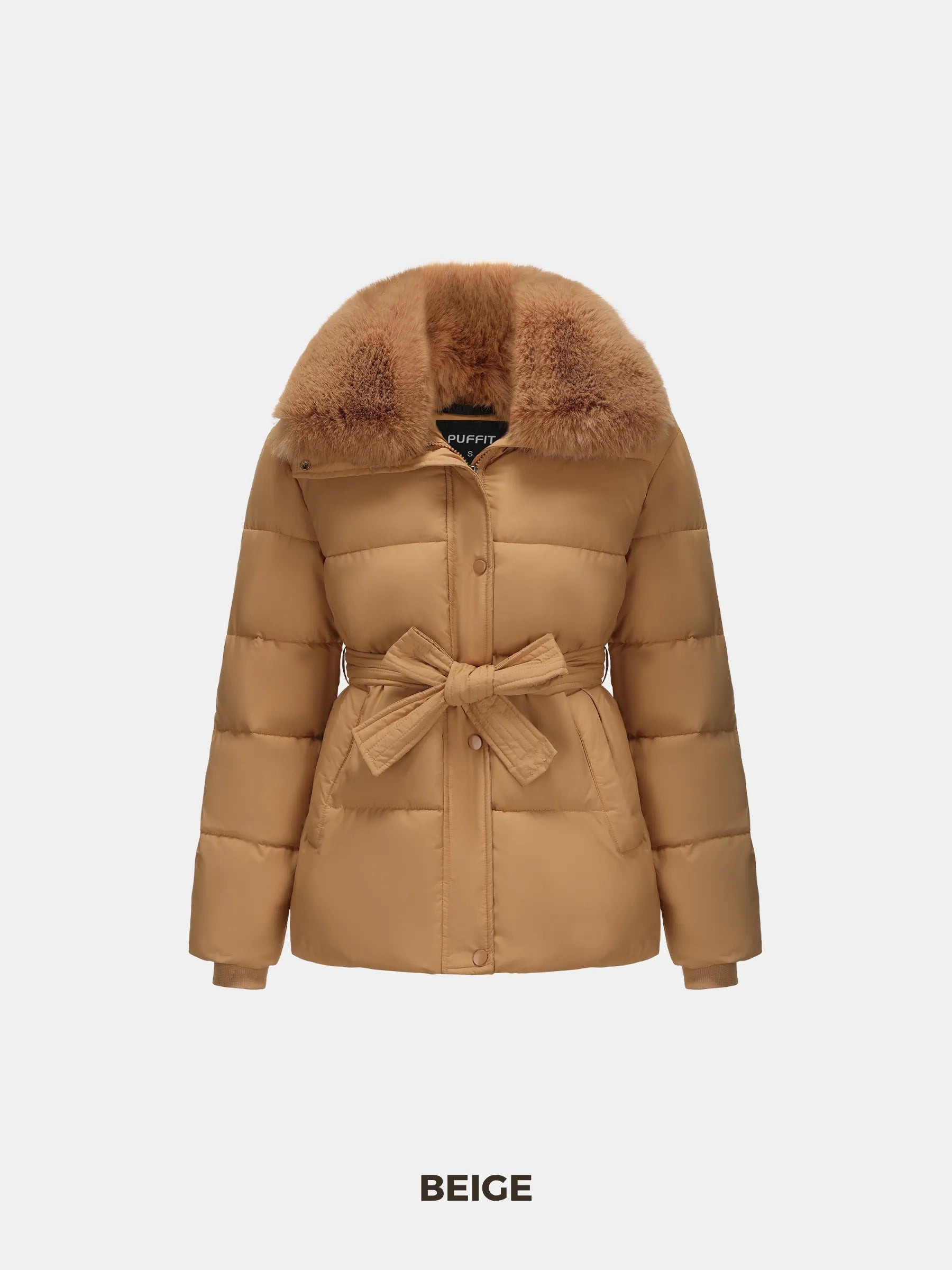WarmCore™ Premium Elegant Detachable Faux Fur Collar Puffer With Belt - PUFFIT