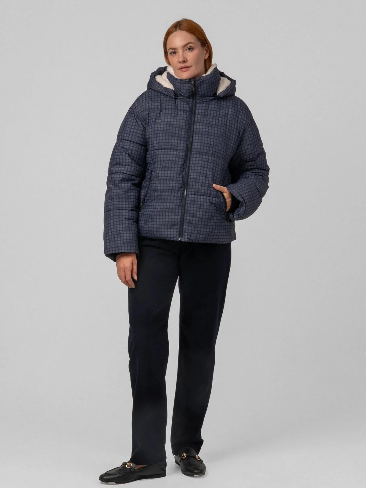 WarmCore™ Royal Blue Check Faux Fur Lined Detachable Hooded Short Puffer Jacket