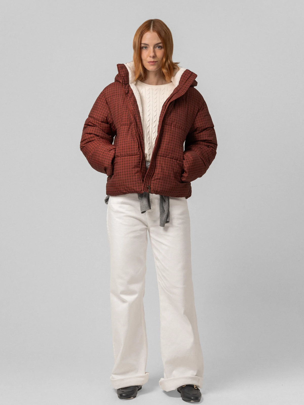 WarmCore™ Ruby Check Faux Fur Lined Detachable Hooded Short Puffer Jacket