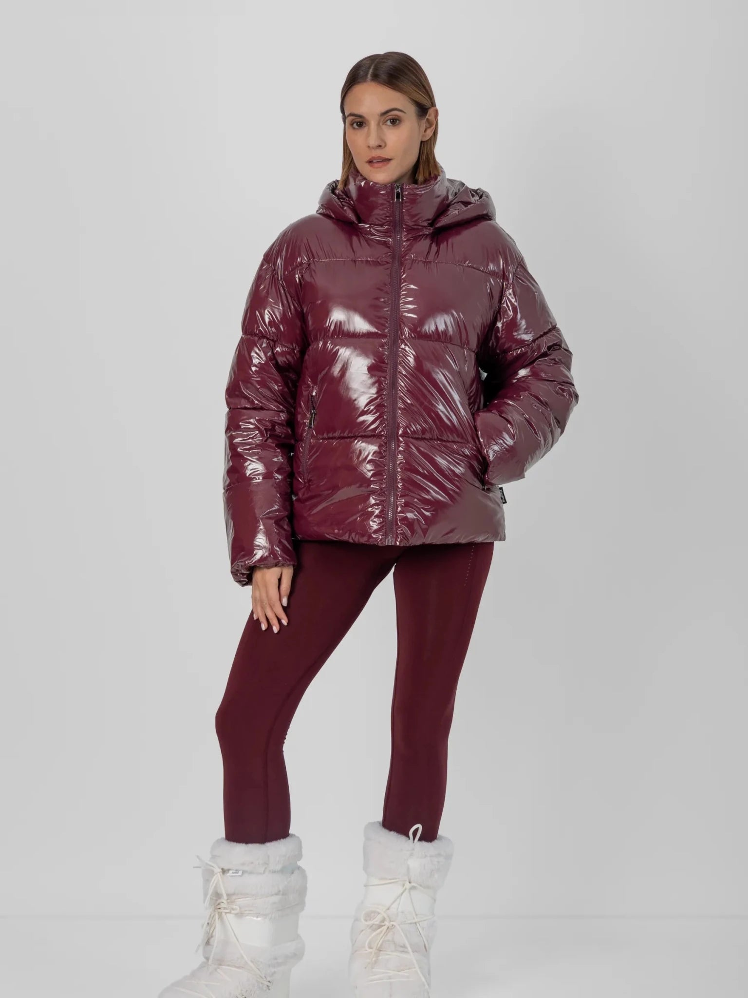 WarmCore™ Shiny Burgundy Detachable Hooded Puffer Jacket - PUFFITC02